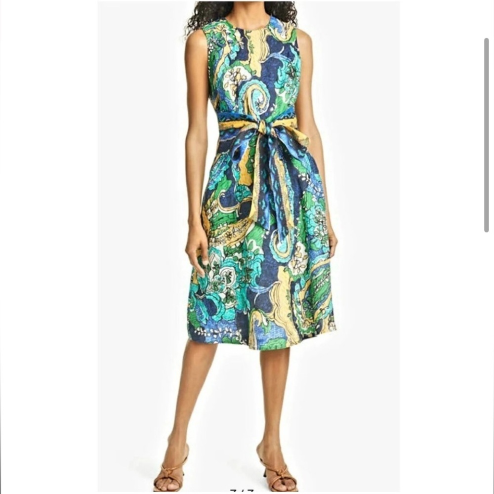 Kobi Halperin Sophie Tropical Multicolor Printed Belt Tie Flare Linen Dress M